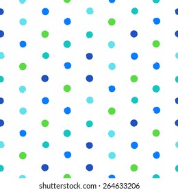 Vector seamless hand drawn polka dot pattern. Hand painted small texture in vintage 1960s fashion style. Modern hipster background with bright circles.