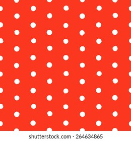 Vector seamless hand drawn polka dot pattern. Painted texture in vintage 1960s fashion style and classic colors - white and red. Modern hipster background with small circles.
