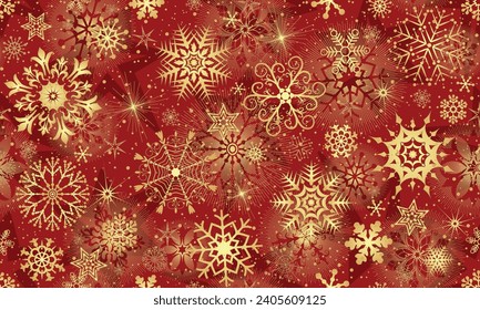 Vector patrón de invierno rojo dibujado a mano con brillo vintage copos de nieve dorados y estrellas de estilo retro
