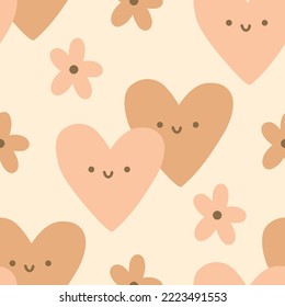 Vector Seamless Hand Drawn Romantic Pattern with Pink and Brown Cartoon Hearts and Flowers. Cute Nursery Print for Children in Pastel Skin Colors. Valentines Day Design. Wallpaper, Poster, Background.