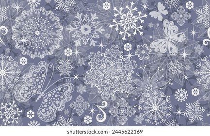 Vector seamless hand drawn silvery christmas  pattern with white butterflies and snowflakes and stars