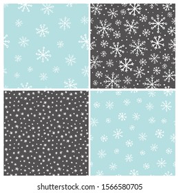 Vector seamless hand drawn snowflakes pattern set. Collection of simple winter backgrounds in doodle style.