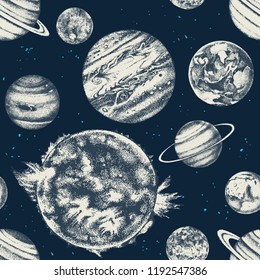 Vector seamless with hand drawn solar system planets. Vector illustration in retro style