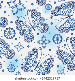 Vektor nahtlose Hand gezeichnete fleckige Muster mit blauen Farbverlauf Schmetterlinge auf weiß	
