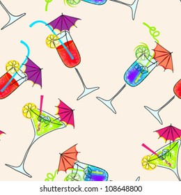 Vector seamless, hand drawn style, cute cocktail background illustration