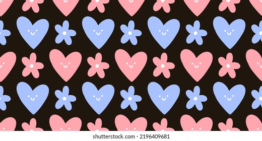 Vector seamless hand drawn trendy romantic pattern with pink and blue cute hearts and flowers on a black background. Hand drawn cartoon background.