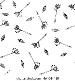 Vector Seamless Hand Drawn Tribal Pattern.Trendy Abstract Doodle With Geometric Decor Elements With Arrows. For Banners, Wallpaper, Posters, Web And Phone Case. 