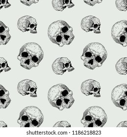 Vector seamless hand drawn vintage horror pattern with skulls. Creepy decoration for paper, textile, wrapping decoration, scrap-booking, t-shirt, cards.