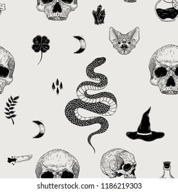 Vector seamless hand drawn vintage horror pattern with skulls, bat, snake, moon, poison, crystal. Creepy decoration for paper, textile, wrapping decoration, scrap-booking, t-shirt, cards.