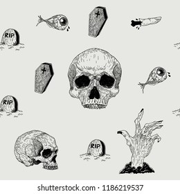 Vector seamless hand drawn vintage horror pattern with skulls, zombie hand, eye, grave, trumpet. Creepy decoration for paper, textile, wrapping decoration, scrap-booking, t-shirt, cards.