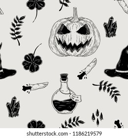 Vector seamless hand drawn vintage Halloween pattern with pumpkin, witch hat, clover, crystal, finger. Creepy decoration for paper, textile, wrapping decoration, scrap-booking, t-shirt, cards.
