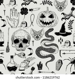 Vector seamless hand drawn vintage Halloween pattern with pumpkin, skull, snake, witch, grave, bat. Creepy decoration for paper, textile, wrapping decoration, scrap-booking, t-shirt, cards.