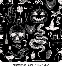 Vector seamless hand drawn vintage Halloween pattern with pumpkin, skull, snake, witch, grave, bat. Creepy decoration for paper, textile, wrapping decoration, scrap-booking, t-shirt, cards.