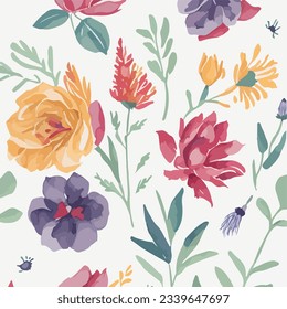 vector seamless hand drawn watercolor flower pattern. beautiful floral background design.