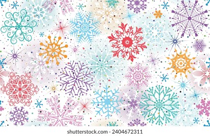 Patrón invernal sin fisuras dibujado a mano con copos de nieve y estrellas de color vintage y confeti en un fondo transparente