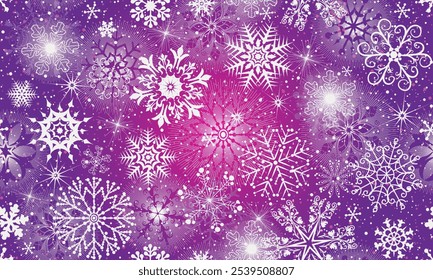 Patrón de Vector dibujado a mano sin fisuras con copos de nieve vintage y estrellas en estilo retro sobre un fondo degradado verde