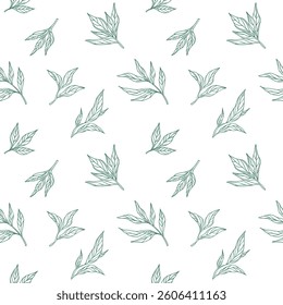 Vector seamless hand sketch style leaf pattern on white background