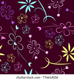 Vector seamless hand-drawn abstract floral design. Outline flowers on a lilac background.