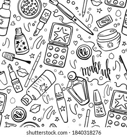 Vector seamless hand-drawn makeup pattern with text. Beautiful background, banner.On a white isolated background.