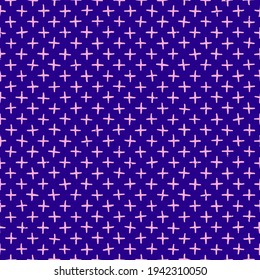 Vector seamless hand-drawn pattern. Abstract texture with ink brush strokes. Repeating pink cross shapes on blue background design.