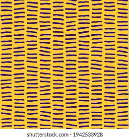 Vector seamless hand-drawn pattern. Abstract texture with ink brush strokes. Repeating artistic blue dash lines on yellow background design.