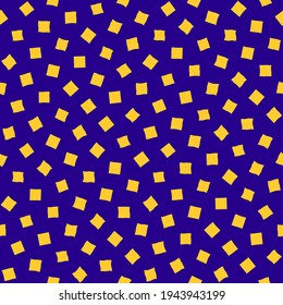 Vector seamless hand-drawn pattern. Abstract texture with ink brush strokes. Repeating yellow square elements on blue background design.