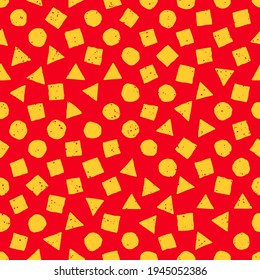 Vector seamless hand-drawn pattern. Abstract texture with ink brush strokes. Repeating artistic yellow shapes on red background design.