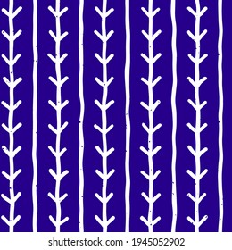 Vector seamless hand-drawn pattern. Abstract texture with ink brush strokes. Repeating artistic white doodle lines on blue background design.