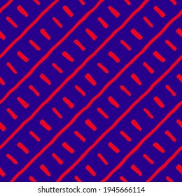 Vector seamless hand-drawn pattern. Abstract texture with ink brush strokes. Repeating artistic diagonal red lines on blue background design.