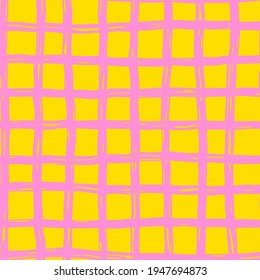 Vector seamless hand-drawn pattern. Abstract texture with ink brush strokes. Repeating pink lines grid on yellow background design.