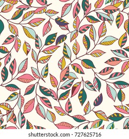 Vector seamless handdrawn pattern from autumn leaves. Fashionable colours. Floral cute background for fabric, cloth design, book covers, manufacturing, wallpapers, print, gift wrap and scrapbooking.