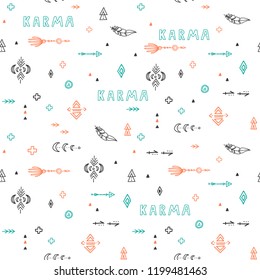 Vector seamless handdrawn pattern in boho style with arrows and ethnic symbols. Bohemian chic trendy vector ornament.