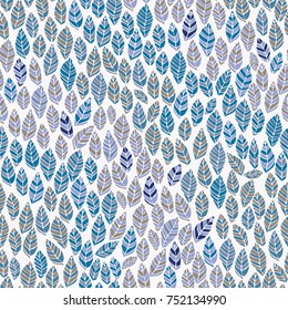 Vector seamless handdrawn pattern from cold leaves.  Winter colors. Floral cute background for fabric, cloth design, book covers, manufacturing, wallpapers, print, gift wrap and scrapbooking.