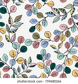 Vector seamless handdrawn pattern from cold leaves.  Winter colors. Floral cute background for fabric, cloth design, book covers, manufacturing, wallpapers, print, gift wrap and scrapbooking.