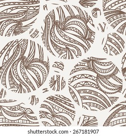 Vector seamless hand-drawn pattern of contour colored leaves in circles