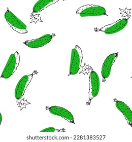 Vector seamless hand-drawn pattern with cucumbers isolated on white background. Texture with gherkins in sketch style.