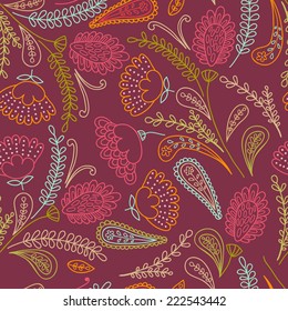 Vector seamless hand-drawn pattern with decorative flowers and leaves. Colorful floral background template.