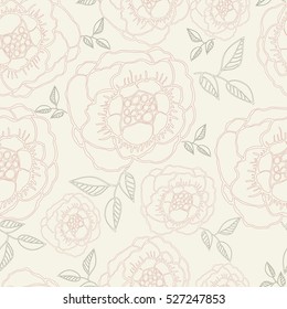 Vector seamless handdrawn pattern from dog roses blossom and fresh branches. Floral countur vintage background for textile or book covers, manufacturing, wallpapers, print, gift wrap and scrapbooking.