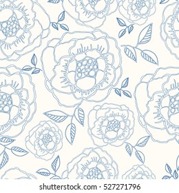 Vector seamless handdrawn pattern from dog roses blossom and fresh branches. Floral countur vintage background for textile or book covers, manufacturing, wallpapers, print, gift wrap and scrapbooking.