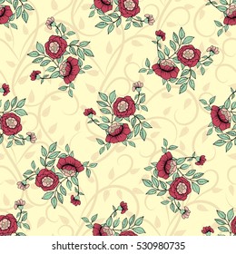 Vector seamless handdrawn pattern from dog roses blossom and fresh branches. Floral countur vintage background for textile or book covers, manufacturing, wallpapers, print, gift wrap and scrapbooking.