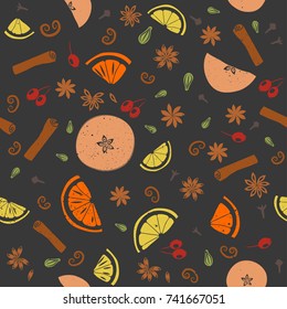 Vector seamless hand-drawn pattern of mulled wine ingredients. Colorful fruits and seasonings on black background.