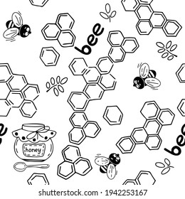 Vector seamless hand-drawn pattern on a white isolated background.Funny bees, honeycombs, twigs, a jar of honey. Perfect for fabric, packaging, gift paper, background.