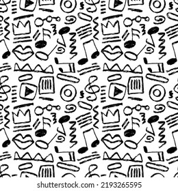 Vector seamless hand-drawn pattern with ovals, swirls, stripes, rectangular shape, crown, lips, zigzag, play button, music notes and treble clef. Grunge shapes black and white backdrop.