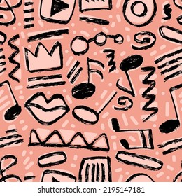 Vector seamless hand-drawn pattern with ovals, swirls, stripes, rectangular shape, crown, lips, zigzag, play button, music notes and treble clef. Grunge shapes colorful backdrop.