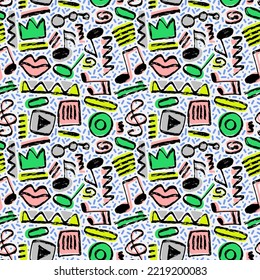 Vector seamless hand-drawn pattern with ovals, swirls, stripes, rectangular shape, crown, lips, zigzag, play button, music notes and treble clef. Grunge shapes colorful backdrop.