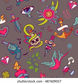 vector seamless hand-drawn pattern with roses, hearts and knives on brown background