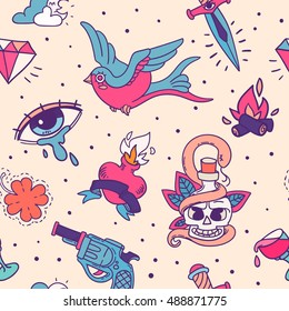 vector seamless hand-drawn pattern with roses, hearts and knives in romantic palette, old school tattoo background