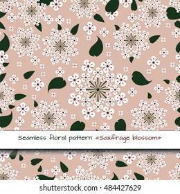 Vector seamless handdrawn pattern from semiabstract saxifrage blossom and fresh branches.