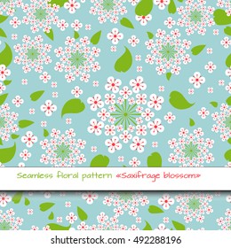 Vector seamless handdrawn pattern from semiabstract saxifrage blossom and fresh branches.