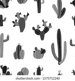 Vector seamless hand-drawn repeating black and white monochrome pattern with different cacti in Scandinavian style on a white background. Cute seamless pattern with cacti.